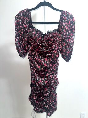 For love and lemons Black Floral Ruched Puff-Sleeve dress
